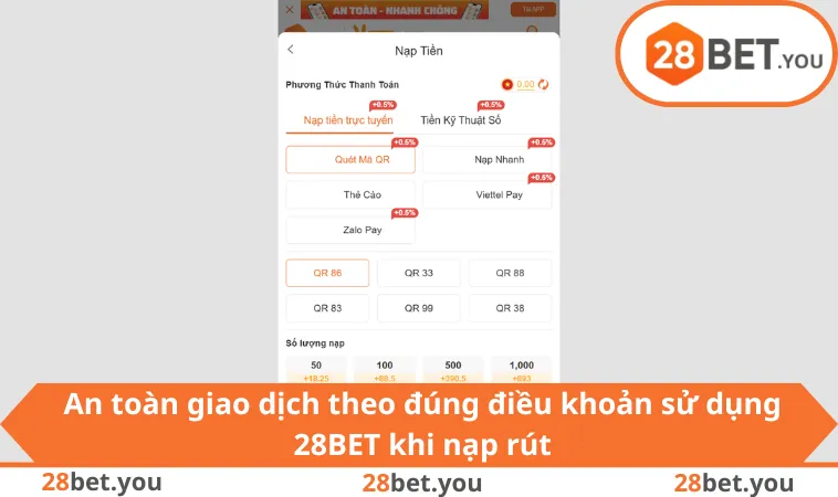 An toàn giao dịch theo đúng điều khoản sử dụng 28BET khi nạp rút