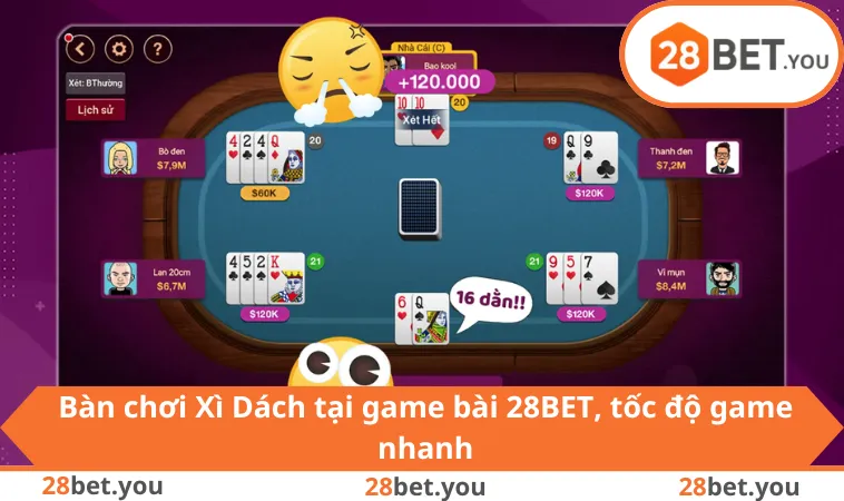 Bàn chơi Xì Dách tại game bài 28BET, tốc độ game nhanh