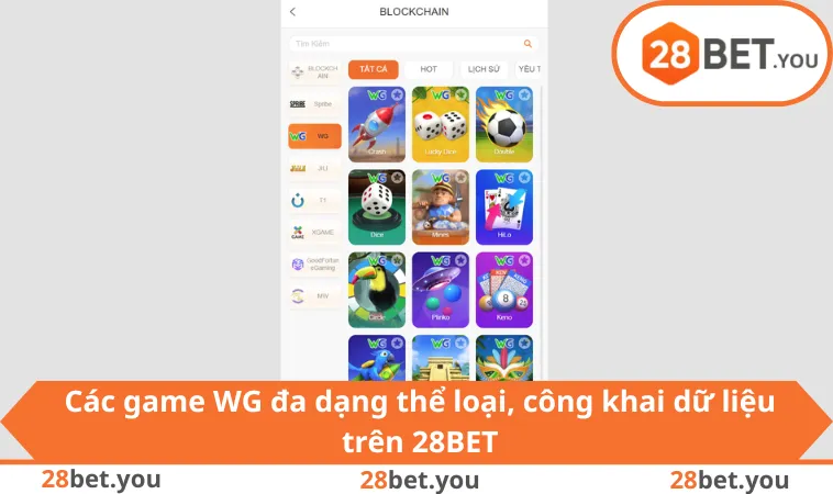 Các game WG đa dạng thể loại, công khai dữ liệu trên 28BET