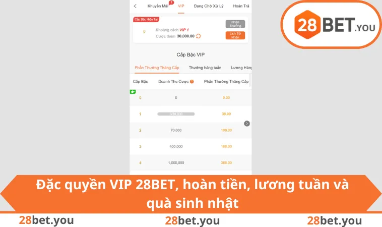 Đặc quyền VIP 28BET, hoàn tiền, lương tuần và quà sinh nhật