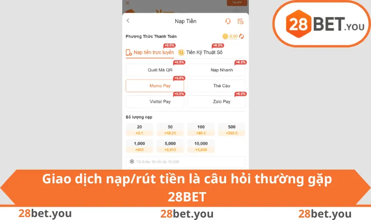 Giao dịch nạp/rút tiền là câu hỏi thường gặp 28BET