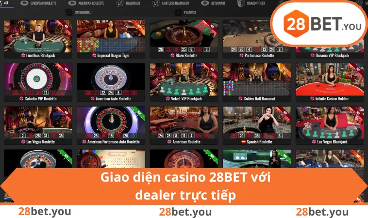 Giao diện casino 28BET với dealer trực tiếp