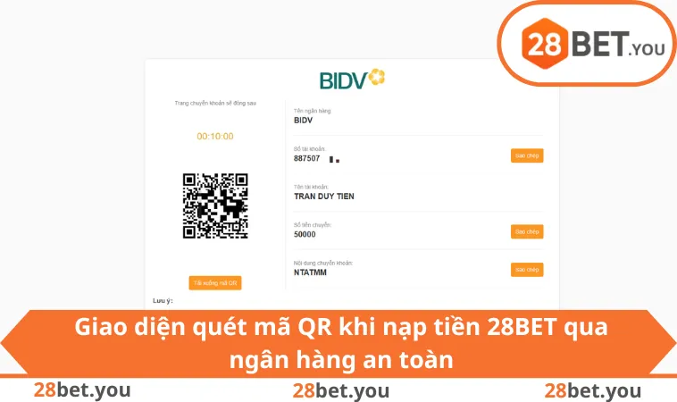 Giao diện quét mã QR khi nạp tiền 28BET qua ngân hàng an toàn