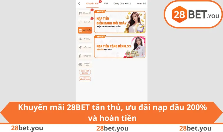 Khuyến mãi 28BET tân thủ, ưu đãi nạp đầu 200% và hoàn tiền