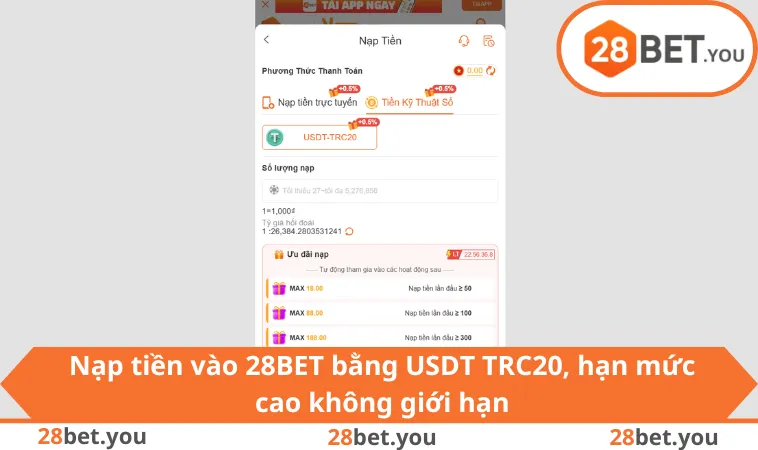 Nạp tiền vào 28BET bằng USDT TRC20, hạn mức cao không giới hạn