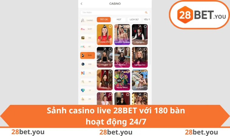 Sảnh casino live 28BET với 180 bàn hoạt động 24/7