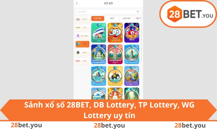 Sảnh xổ số 28BET, DB Lottery, TP Lottery, WG Lottery uy tín